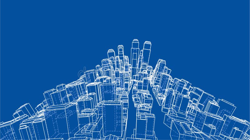 Wire-frame Twisted City, Blueprint Style. 3D illustration. Architecture Design Background. Wire-frame Twisted City, Blueprint Style. 3D illustration. Architecture Design Background