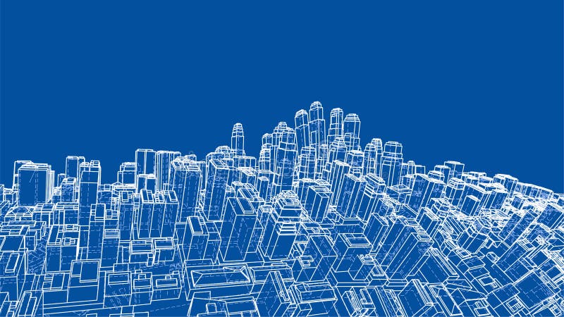 Wire-frame Twisted City, Blueprint Style. 3D illustration. Architecture Design Background. Wire-frame Twisted City, Blueprint Style. 3D illustration. Architecture Design Background