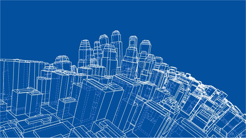 Wire-frame Twisted City, Blueprint Style. 3D illustration. Architecture Design Background. Wire-frame Twisted City, Blueprint Style. 3D illustration. Architecture Design Background