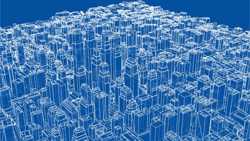 Wire-frame Twisted City, Blueprint Style. 3D illustration. Architecture Design Background. Wire-frame Twisted City, Blueprint Style. 3D illustration. Architecture Design Background