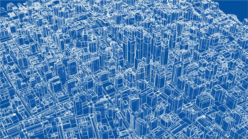 Wire-frame Twisted City, Blueprint Style. 3D illustration. Architecture Design Background. Wire-frame Twisted City, Blueprint Style. 3D illustration. Architecture Design Background