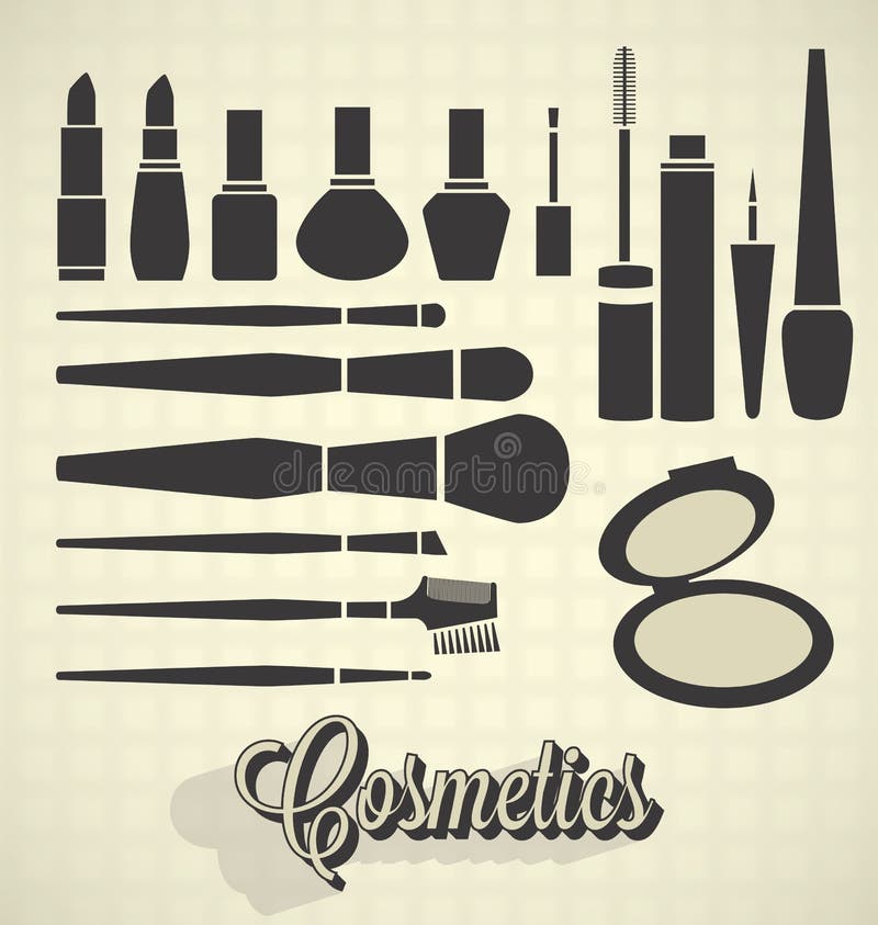 Set of cosmetics silhouettes including brushes, polish, compact, and lipsticks. Set of cosmetics silhouettes including brushes, polish, compact, and lipsticks