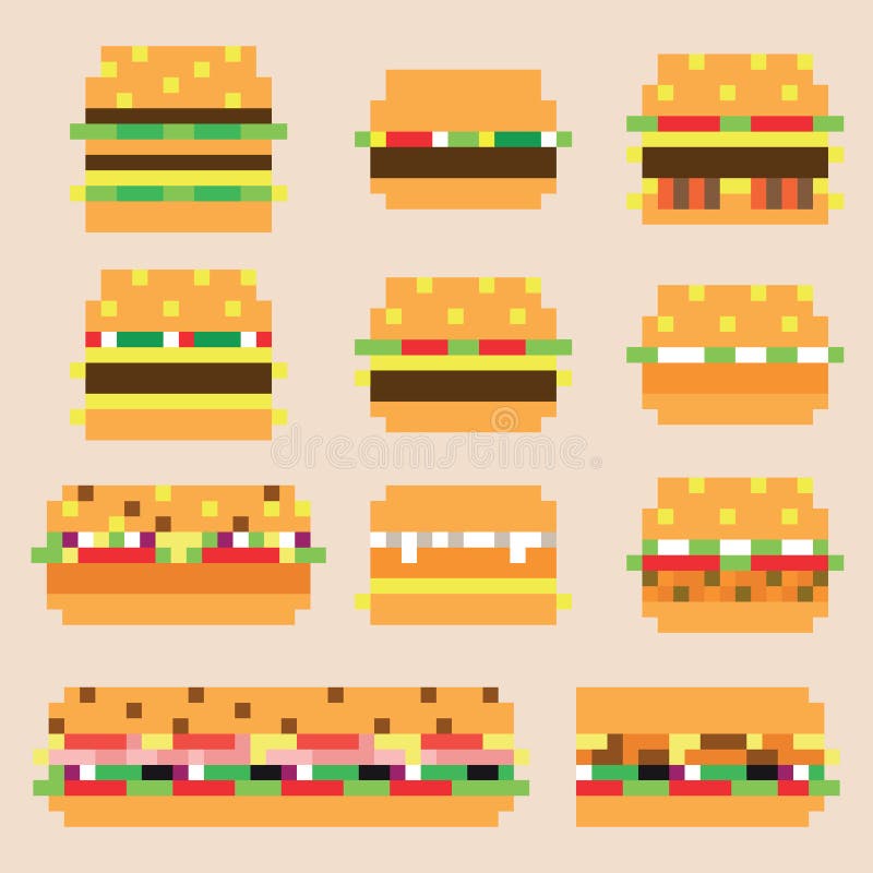 Collection of vector retro pixel hamburgers in various styles. Collection of vector retro pixel hamburgers in various styles