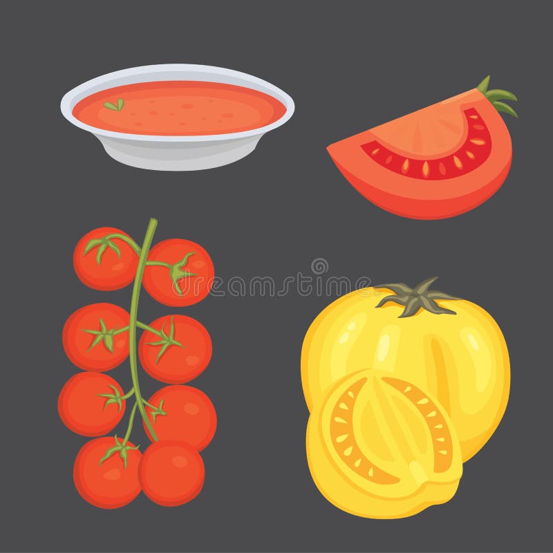 Collection of fresh red tomatoes and soup vector illustrations. Half, slice, cherry tomato. Collection of fresh red tomatoes and soup vector illustrations. Half, slice, cherry tomato