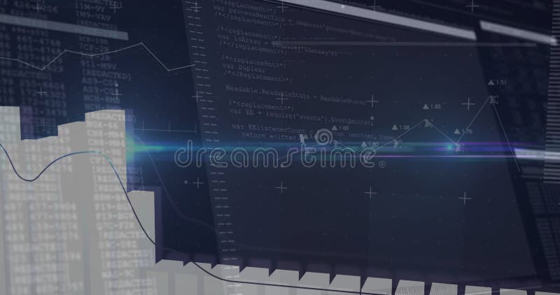 Συγχώνευση γραφημάτων κώδικα και δεδομένων με κίνηση και λαμπερό εφέ ψηφιακής διασύνδεσης διανυσματική απεικόνιση