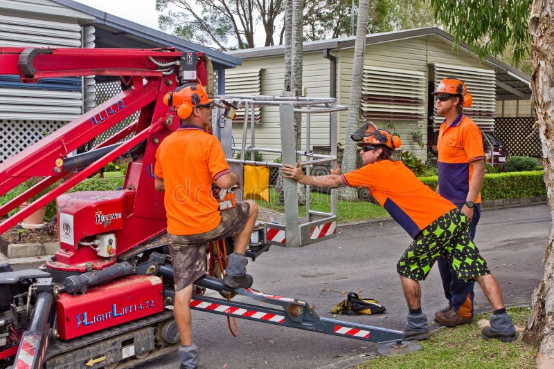 MAROOCHYDORE, QLD, AUSTRALIA - APR 12 2011: Unidentified workmen preparing cherry picker (man lift) to remove dangerous tree limbs on Apr 12, 2011 at Maroochydore, Qld. Australian Eucalypt trees loose branches regularly requiring a concerted effort to manage tree limbs to avoid danger from falling branches. MAROOCHYDORE, QLD, AUSTRALIA - APR 12 2011: Unidentified workmen preparing cherry picker (man lift) to remove dangerous tree limbs on Apr 12, 2011 at Maroochydore, Qld. Australian Eucalypt trees loose branches regularly requiring a concerted effort to manage tree limbs to avoid danger from falling branches.