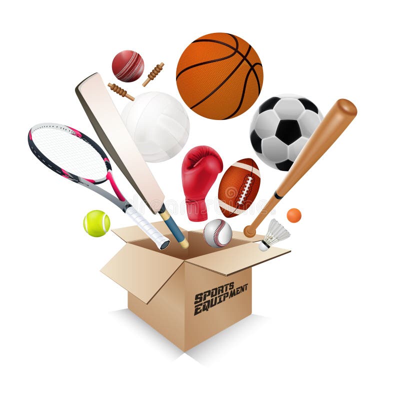 Sports equipment collection out of box with a football, basketball, baseball, soccer, tennis, ball volleyball, boxing gloves, cricket and badminton isolated on white background. vector illustration. Sports equipment collection out of box with a football, basketball, baseball, soccer, tennis, ball volleyball, boxing gloves, cricket and badminton isolated on white background. vector illustration.