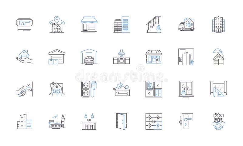 Inhabited outline icons collection. Populated, Occupied, Resided, Dwell, Inhabitant, Settled, Compeopled vector and. Inhabited outline icons collection. Populated, Occupied, Resided, Dwell, Inhabitant, Settled, Compeopled vector and