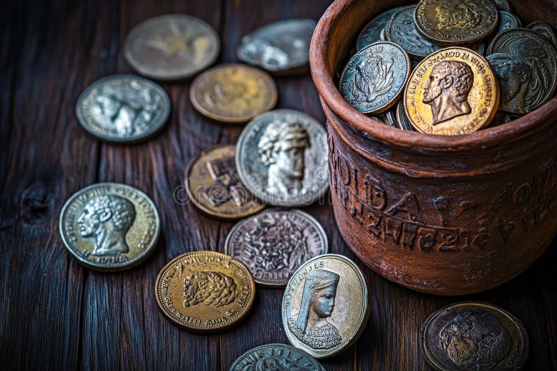 συλλογή αρχαίων ρωμαϊκών κερμάτων αποθηκευμένων σε ξύλινη γλάστρα και τοποθετημένη σε τραπέζι με φόντο την εποχή στοκ εικόνες