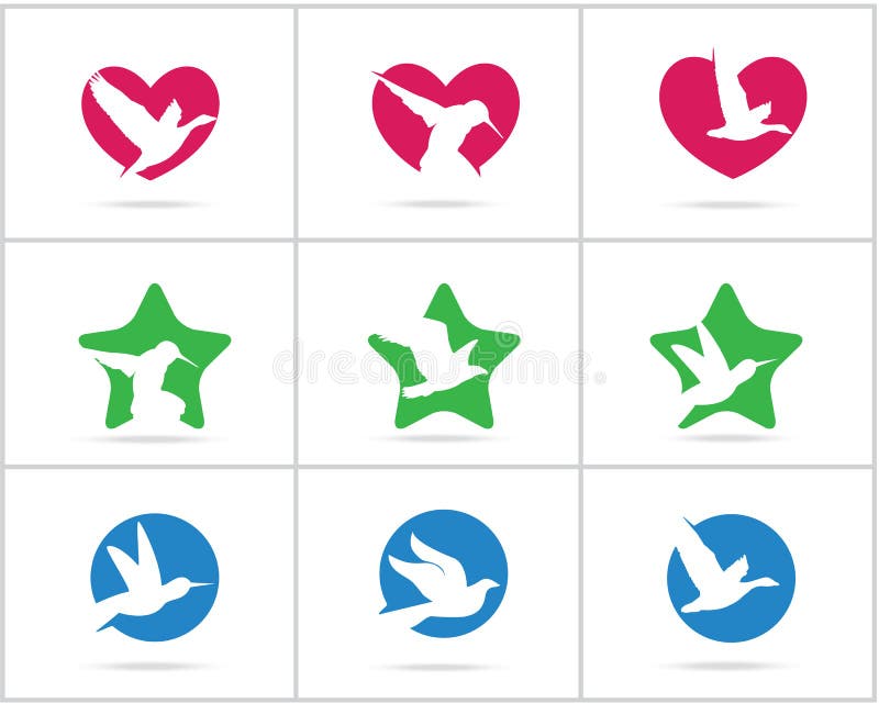 Birds logo collection. Duck in heart icons, dove and Humming bird. Birds logo collection. Duck in heart icons, dove and Humming bird