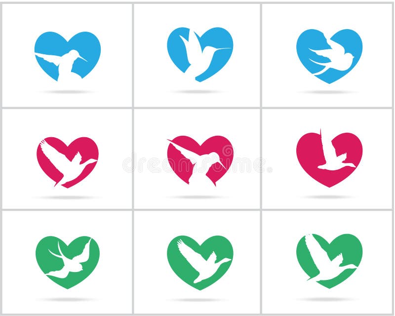 Birds logo collection. Duck in heart icons, dove and Humming bird. Birds logo collection. Duck in heart icons, dove and Humming bird