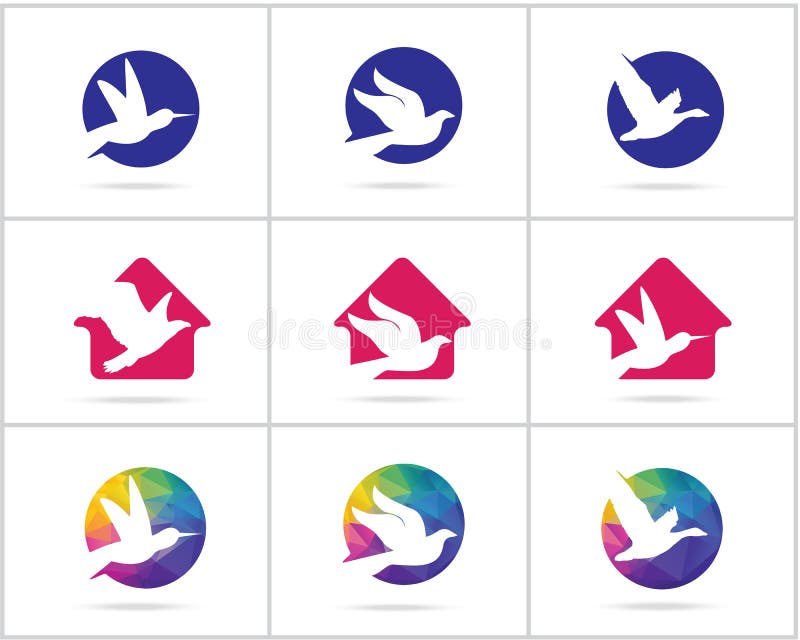 Birds logo collection. Duck in heart icons, dove and Humming bird. Birds logo collection. Duck in heart icons, dove and Humming bird