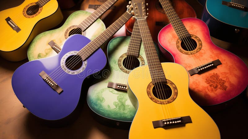 Colorful guitars, musical instruments, bright colors. AI generated. Colorful guitars, musical instruments, bright colors. AI generated.