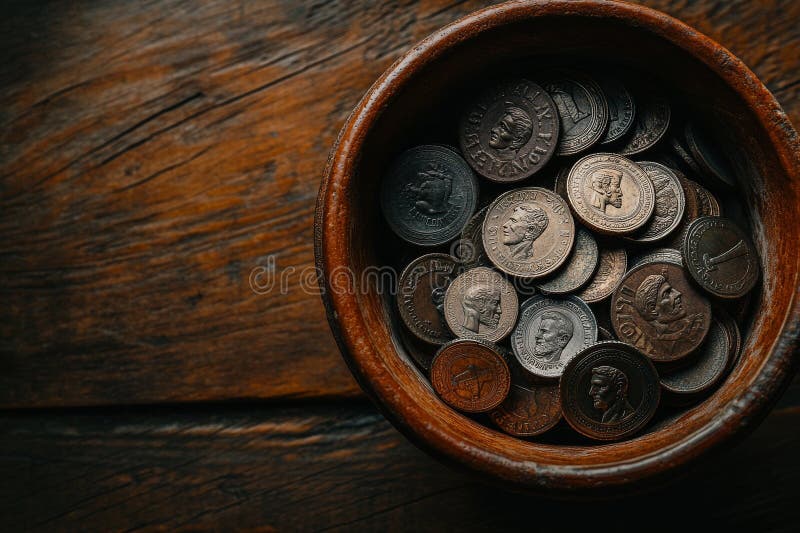 συλλογή ρωμαϊκών κερμάτων που απεικονίζονται σε σκούρο ξύλινο τραπέζι με πλήθος αρχαίων κερμάτων σε ένα προϊόν στοκ φωτογραφία με δικαίωμα ελεύθερης χρήσης