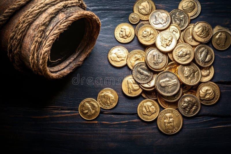 συλλογή ρωμαϊκών κερμάτων που απεικονίζονται σε σκούρο ξύλινο τραπέζι με πλήθος αρχαίων κερμάτων σε υφασμένο δοχείο στοκ εικόνα