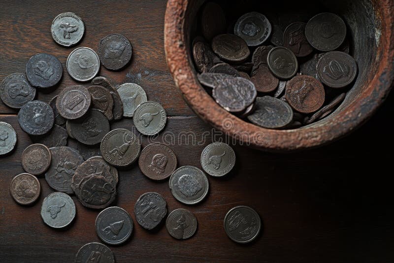 συλλογή ρωμαϊκών κερμάτων σε σκούρο ξύλινο τραπέζι που απεικονίζει ένα σωρό αρχαίων νομισμάτων σε γηρασμένο δοχείο στοκ εικόνα