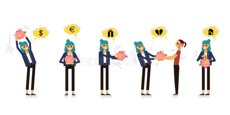 Συλλογή των ανθρώπων που κρατούν τη χαριτωμένη piggy τράπεζα Το ζεύγος υποστηρίζει για τα χρήματα Το κορίτσι σκέφτεται για την αγ απεικόνιση αποθεμάτων Συλλογή των ανθρώπων που κρατούν τη χαριτωμένη piggy τράπεζα Το ζεύγος υποστηρίζει για τα χρήματα Το κορίτσι σκέφτεται για την αγ απεικόνιση αποθεμάτων