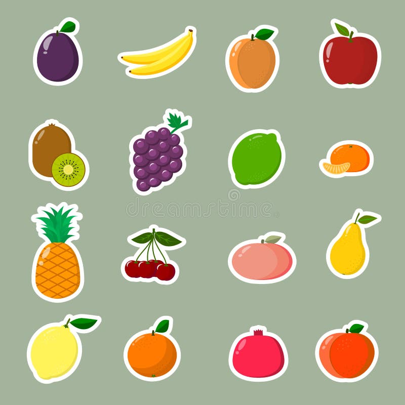 Fruit symbols set of stickers in a white stroke. Flat design, vector illustration. Fruit symbols set of stickers in a white stroke. Flat design, vector illustration.