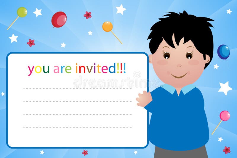 Illustration of a party invitation card for boy with space for your text. There are balloons,lollipops and stars.EPS file available. Illustration of a party invitation card for boy with space for your text. There are balloons,lollipops and stars.EPS file available