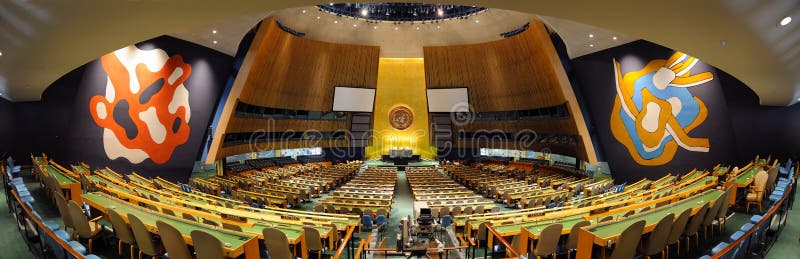 NEW YORK CITY, NY, USA - MAR 30: The General Assembly Hall is the largest room in the United Nations with seating capacity for over 1,800 people. March 30, 2011 in Manhattan, New York City. NEW YORK CITY, NY, USA - MAR 30: The General Assembly Hall is the largest room in the United Nations with seating capacity for over 1,800 people. March 30, 2011 in Manhattan, New York City.