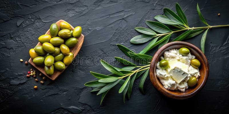 συμπαράσταση πράσινων ελιών και τσαλακωμένη φωτογραφία μεσογειακού ορεκτικό διανυσματική απεικόνιση