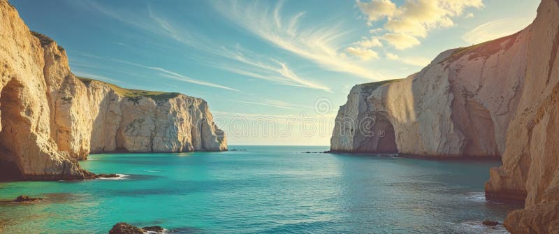 Συναρπαστική πανοραμική άποψη ενός απομονωμένου κόλπου που που φωλιάζει ανάμεσα σε δραματικούς βράχους και τον αζούρ ωκεανό κάτω α στοκ φωτογραφίες με δικαίωμα ελεύθερης χρήσης