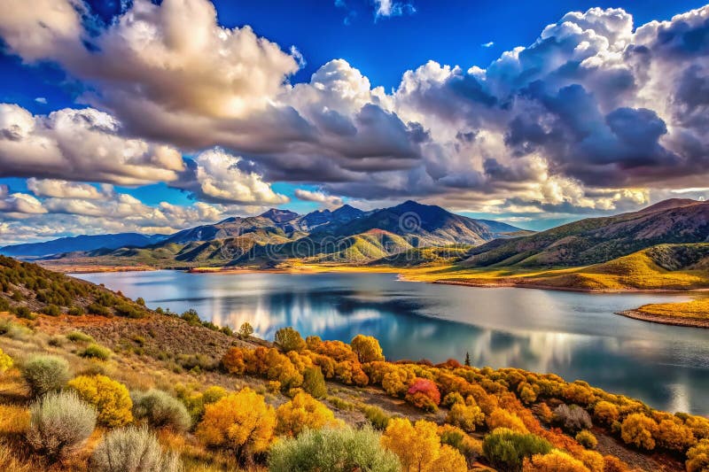 Συναρπαστική πανοραμική άποψη του Jordanelle Reservoir Φωλιασμένο στα Μεγάλα Βουνά Wasatch της Γιούτα Μια εντυπωσιακή στοκ εικόνες με δικαίωμα ελεύθερης χρήσης