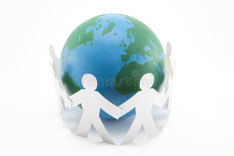 Paper cutout people and globe isolated on white. Earth has been hand painted by me. Paper cutout people and globe isolated on white. Earth has been hand painted by me.