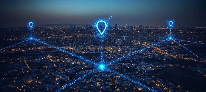Συνδεδεμένη αεροφωτογραφία πόλης Cityscape τη νύχτα με συνδέσεις δικτύου και δείκτες τοποθεσίας. απεικόνιση αποθεμάτων