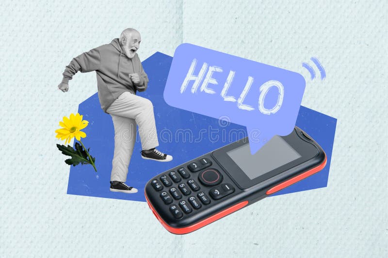 συνδυασμός προτύπων banner με το κουμπί του ανώτερου ατόμου για την έναρξη συνομιλίας παλαιού κινητού τηλεφώνου με φίλους στοκ φωτογραφίες