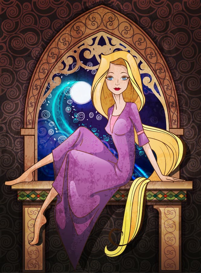 Συνεδρίαση χαρακτήρα παραμυθιού Rapunzel μπροστά από το παράθυρο διανυσματική απεικόνιση