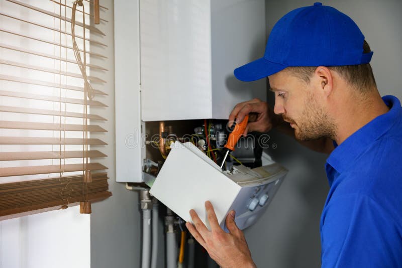 House gas heating boiler maintenance and repair service. worker in blue uniform. House gas heating boiler maintenance and repair service. worker in blue uniform