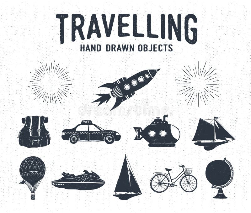 Hand drawn textured vintage travel icons set with rocket, backpack, taxi, submarine, yacht, hot air balloon, bicycle, water scooter, and starburst vector illustrations. Hand drawn textured vintage travel icons set with rocket, backpack, taxi, submarine, yacht, hot air balloon, bicycle, water scooter, and starburst vector illustrations.