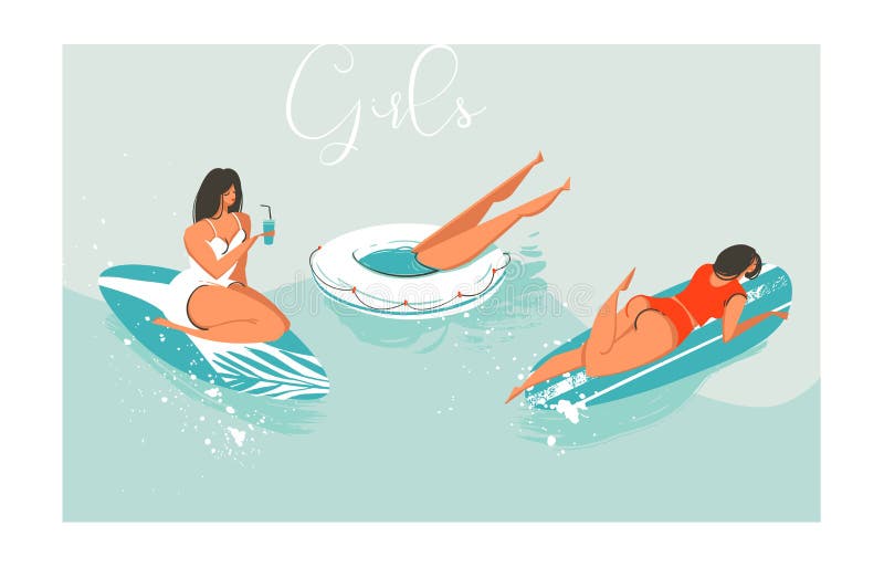 Hand drawn vector cartoon summer time fun beach girls collection illustrations set with retro surfer and sea yoga isolated on blue water background. Hand drawn vector cartoon summer time fun beach girls collection illustrations set with retro surfer and sea yoga isolated on blue water background