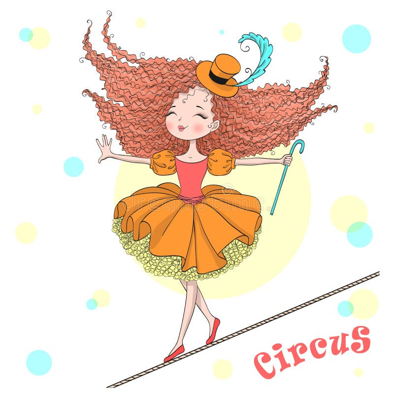 Hand drawn beautiful cute little circus girl balances on a tightrope. Vector illustration. Hand drawn beautiful cute little circus girl balances on a tightrope. Vector illustration.