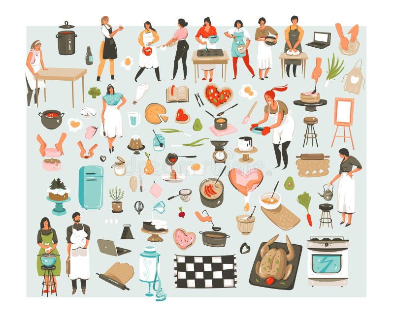 Hand drawn vector abstract cartoon cooking class illustrations icons collection set with cooking chef people characters mans,womans and cooking utensils and food isolated on white background. Hand drawn vector abstract cartoon cooking class illustrations icons collection set with cooking chef people characters mans,womans and cooking utensils and food isolated on white background.