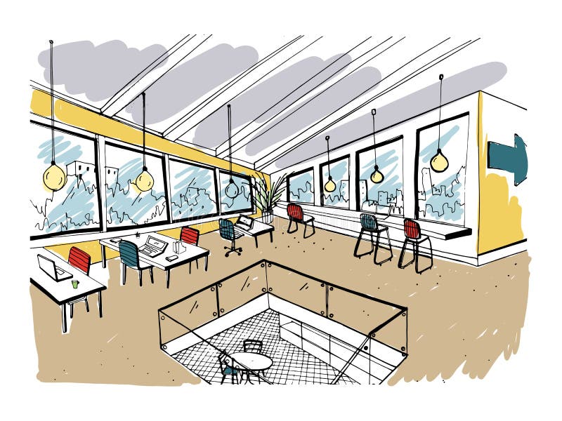 Συρμένη χέρι coworking συστάδα Σύγχρονος εσωτερικός, ανοιχτός χώρος γραφείων χώρος εργασίας με τους υπολογιστές, τα lap-top, το φ ελεύθερη απεικόνιση δικαιώματος Συρμένη χέρι coworking συστάδα Σύγχρονος εσωτερικός, ανοιχτός χώρος γραφείων χώρος εργασίας με τους υπολογιστές, τα lap-top, το φ ελεύθερη απεικόνιση δικαιώματος