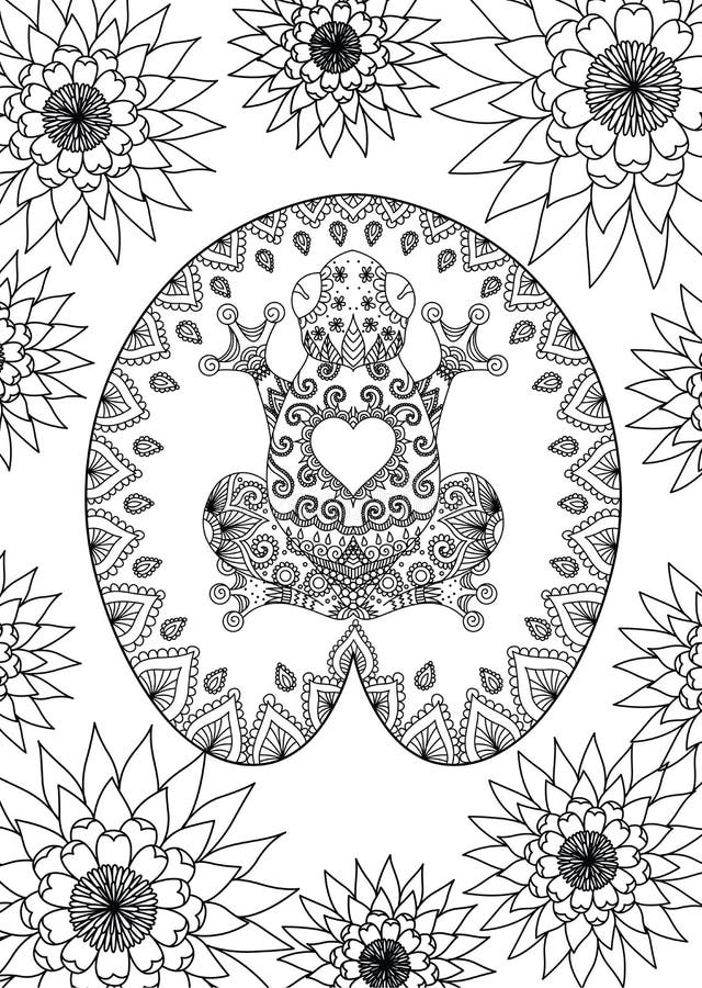 Συρμένη χέρι zentangle συνεδρίαση βατράχων στο σχέδιο φύλλων λωτού για την ενήλικη χρωματίζοντας σελίδα βιβλίων, αντι πίεση, σχέδ διανυσματική απεικόνιση Συρμένη χέρι zentangle συνεδρίαση βατράχων στο σχέδιο φύλλων λωτού για την ενήλικη χρωματίζοντας σελίδα βιβλίων, αντι πίεση, σχέδ διανυσματική απεικόνιση