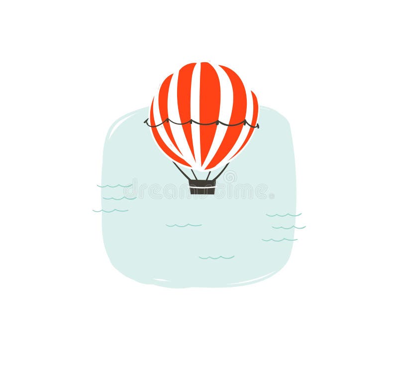 Hand drawn vector abstract cartoon summer time fun illustration with hot air balloon and simple blue ocean waves isolated on white background. Hand drawn vector abstract cartoon summer time fun illustration with hot air balloon and simple blue ocean waves isolated on white background.