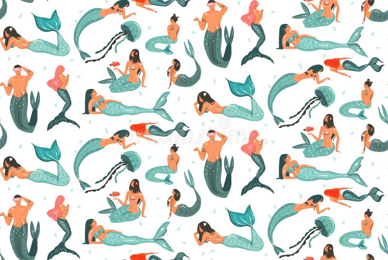 Hand drawn vector abstract cartoon summer time graphic illustrations seamless pattern collection with beauty mermaid underwater swimming girls and boys isolated on white background. Hand drawn vector abstract cartoon summer time graphic illustrations seamless pattern collection with beauty mermaid underwater swimming girls and boys isolated on white background.