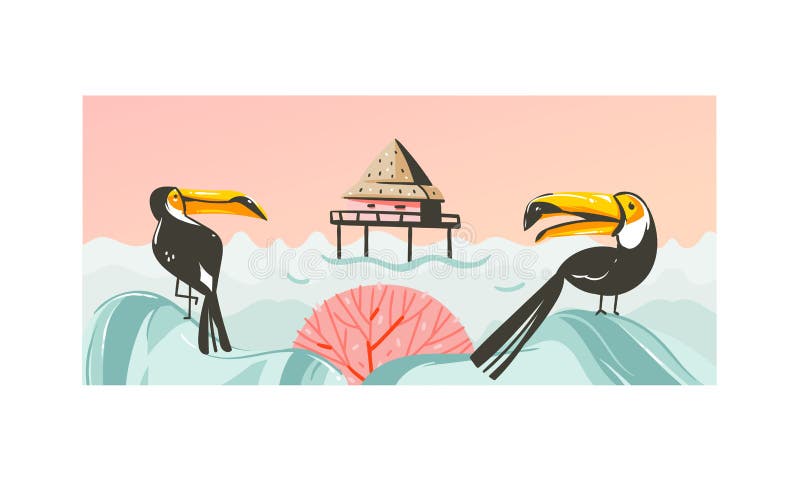 Hand drawn vector abstract cartoon summer time graphic illustrations art with beach sunset scene with cabin in sea and tropical toucan birds isolated on white background. Hand drawn vector abstract cartoon summer time graphic illustrations art with beach sunset scene with cabin in sea and tropical toucan birds isolated on white background.