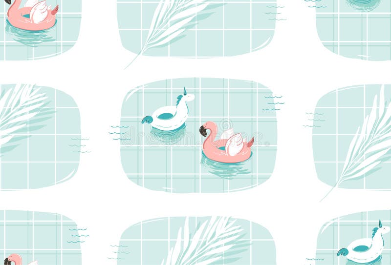 Hand drawn vector abstract cartoon summer time fun illustration seamless pattern print with pink flamingo and unicorn buoy ring in blue swimming pool texture isolated on white background. Hand drawn vector abstract cartoon summer time fun illustration seamless pattern print with pink flamingo and unicorn buoy ring in blue swimming pool texture isolated on white background.
