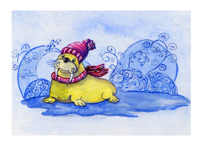 Συρμένη χέρι κάρτα Watercolor με το χαριτωμένο οδόβαινο χαμόγελου στο πλεκτό καπέλο και ριγωτό μαντίλι στο χειμερινό διακοσμητικό διανυσματική απεικόνιση Συρμένη χέρι κάρτα Watercolor με το χαριτωμένο οδόβαινο χαμόγελου στο πλεκτό καπέλο και ριγωτό μαντίλι στο χειμερινό διακοσμητικό διανυσματική απεικόνιση
