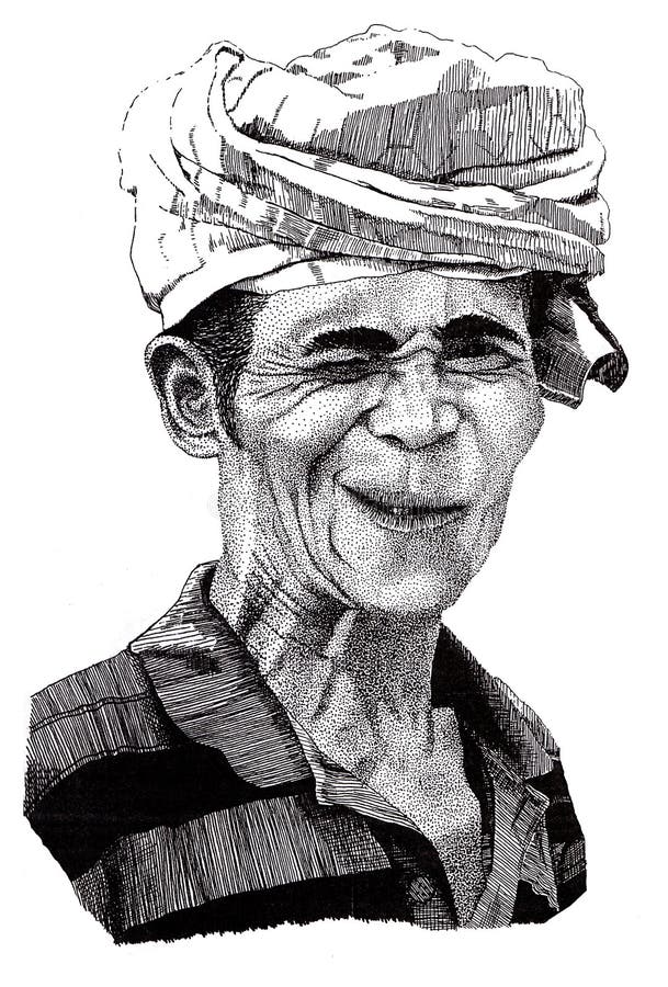 Black and white pen drawing of portrait of a Indonesian winking man wearing a turban. Black and white pen drawing of portrait of a Indonesian winking man wearing a turban