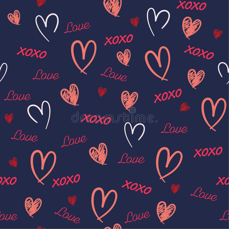 Hand drawn Seamless pattern with word love,heat, and xoxo in valentine mood vector illustration design for fashion,fabric,wallpaper,web and all prints on navy blue background color. Hand drawn Seamless pattern with word love,heat, and xoxo in valentine mood vector illustration design for fashion,fabric,wallpaper,web and all prints on navy blue background color