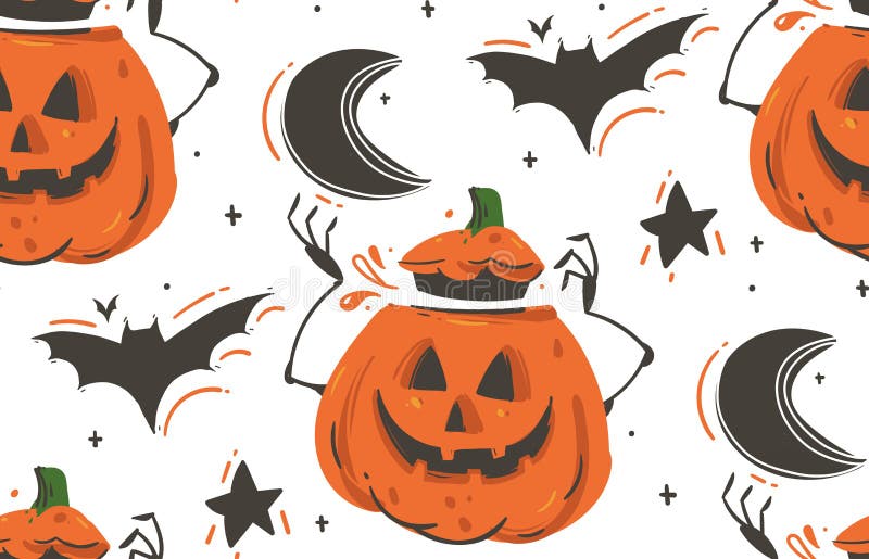 Hand drawn vector abstract cartoon Happy Halloween illustrations seamless pattern with bats,pumpkins,moon and stars isolated on white background. Hand drawn vector abstract cartoon Happy Halloween illustrations seamless pattern with bats,pumpkins,moon and stars isolated on white background.