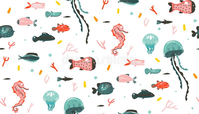 Hand drawn vector abstract cartoon graphic summer time underwater illustrations seamless pattern with coral reefs,jellyfish,seahorse and different fishes isolated on white background. Hand drawn vector abstract cartoon graphic summer time underwater illustrations seamless pattern with coral reefs,jellyfish,seahorse and different fishes isolated on white background.