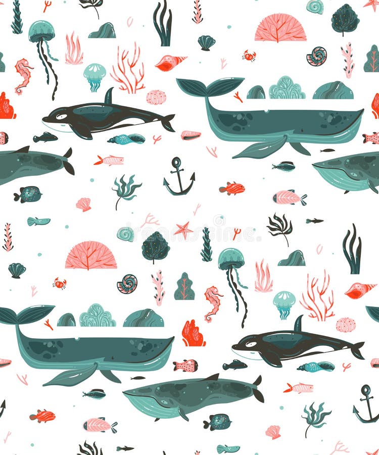 Hand drawn vector abstract cartoon graphic summer time underwater ocean bottom illustrations seamless pattern with coral reefs,beauty big whales,seaweeds isolated on white background. Hand drawn vector abstract cartoon graphic summer time underwater ocean bottom illustrations seamless pattern with coral reefs,beauty big whales,seaweeds isolated on white background.