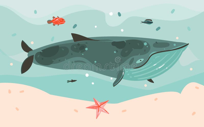 Hand drawn vector abstract cartoon summer time graphic illustrations art template background with ocean bottom,big whale,corals,seaweed isolated on blue water waves. Hand drawn vector abstract cartoon summer time graphic illustrations art template background with ocean bottom,big whale,corals,seaweed isolated on blue water waves.