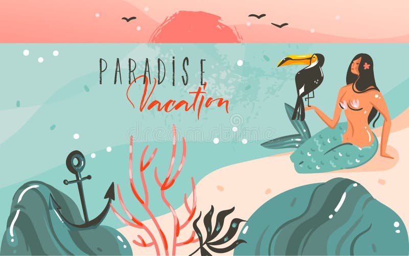Hand drawn vector abstract cartoon summer time graphic illustrations template background with ocean beach landscape,sunset and beauty girl mermaid,toucan bird with Paradise vacation typography quote. Hand drawn vector abstract cartoon summer time graphic illustrations template background with ocean beach landscape,sunset and beauty girl mermaid,toucan bird with Paradise vacation typography quote.